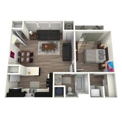 Modern apartment floor plan featuring a spacious living area, cozy bedroom, open-concept kitchen, and elegant bathroom with high-end finishes.