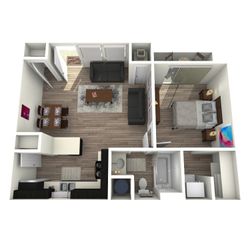 Modern 3D floor plan featuring an inviting living room, cozy bedroom, and a stylish kitchen with dining area.