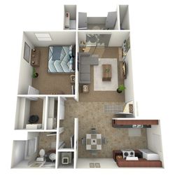 Modern 2D floor plan showcasing a cozy apartment with 1 bedroom, open-concept living room, and a contemporary kitchen.