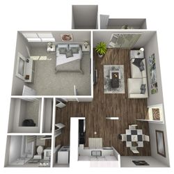 Modern open-concept floor plan featuring a spacious bedroom, stylish living room, and sleek kitchen, perfect for contemporary living.