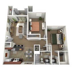Modern 3D floor plan showcasing 2 spacious bedrooms, cozy living room, elegant kitchen with dining area, and a well-designed bathroom.