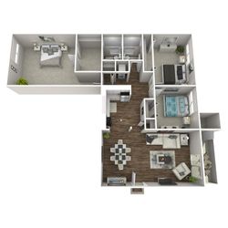 Contemporary 3D floor plan featuring 3 spacious bedrooms, a modern kitchen, elegant living room, and dining area, ideal for family living.