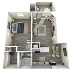 Modern 3D floor plan showcasing a cozy one-bedroom apartment with a spacious living area, contemporary kitchen, dining space, and a private balcony.