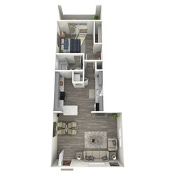 Modern 3D floor plan showcasing a sleek apartment with a spacious living room, cozy bedroom, elegant kitchen, and stylish dining area. Perfect blend of comfort and functionality.