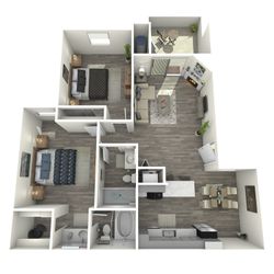 Modern 3D floor plan featuring two spacious bedrooms, open living and dining area, sleek kitchen, and cozy balcony.