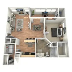 Contemporary 3D floor plan featuring a cozy living room with a fireplace, a stylish dining area, modern kitchen, spacious bedroom, and a well-appointed bathroom.
