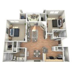 Modern 3D floor plan showcasing two bedrooms, spacious living room, open kitchen with dining area, and two bathrooms, featuring hardwood floors and a cozy balcony.