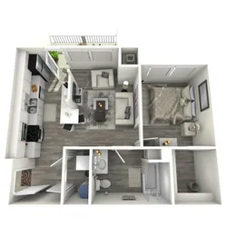 Modern 3D floor plan showcasing a sleek 1-bedroom apartment with a stylish living area, contemporary kitchen, and a cozy balcony. Ideal for urban living.