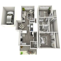 Modern 3D floor plan showcasing 2 bedrooms, 2 bathrooms, a sleek kitchen, spacious living area, and private patio space. Includes a convenient garage.