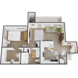 Modern 1-bedroom apartment floor plan with an open living area, stylish kitchen, and cozy bathroom.