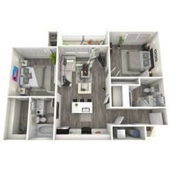 Modern 3D floor plan showcasing 2 spacious bedrooms, elegant living area, contemporary kitchen with island, and 2 chic bathrooms, complete with a cozy balcony.