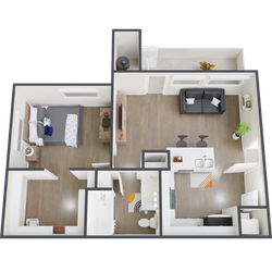 Modern 3D floor plan showcasing a cozy one-bedroom apartment with a spacious living area, stylish open kitchen with breakfast bar, and a sleek bathroom.