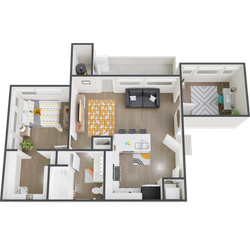 Contemporary 3D floor plan showcasing a cozy 1-bedroom apartment with a modern living room, sleek kitchen, home office, and elegant bathroom.