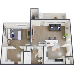 Modern 1-bedroom apartment floor plan with spacious open-concept living area, stylish kitchen with breakfast bar, and elegant bathroom. Ideal for comfortable urban living.
