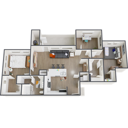 Modern 3D floor plan featuring 3 bedrooms, spacious kitchen with island, and an inviting open-concept living area.
