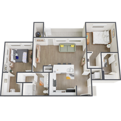Modern 3D floor plan showcasing two bedrooms, a cozy living room, and a stylish open kitchen, perfect for comfortable living.