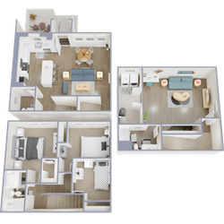 Modern 3D floor plan showcasing a spacious two-story layout with 3 bedrooms, open-concept living and dining area, sleek kitchen, and cozy upstairs lounge.