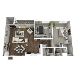 Contemporary 3D floor plan with 2 spacious bedrooms, elegant living area, modern kitchen, and inviting dining space.