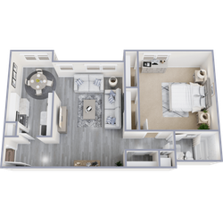 Contemporary floor plan featuring a spacious open-concept living and dining area, a modern kitchen, and a cozy bedroom with ensuite bathroom.