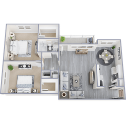 Modern 3D floor plan showcasing 2 cozy bedrooms, a spacious living area, elegant kitchen, dining space, and stylish bathroom.