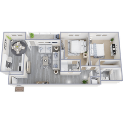 Modern 3D floor plan showcasing a spacious layout with two bedrooms, a cozy living room, a chic kitchen, and a stylish dining area.
