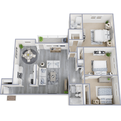 Modern 3-bedroom apartment floor plan with open-concept living and dining area, sleek kitchen, two bathrooms, and a balcony.