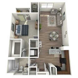 Charming 1-bedroom apartment floor plan featuring a cozy living room, modern kitchen, and private balcony.