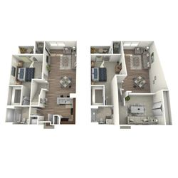 Elegant 3D floor plan showcasing a modern apartment layout with two bedrooms, cozy living areas, and contemporary open kitchens.