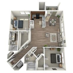Modern 3D floor plan showcasing two spacious bedrooms, elegant open-concept living and dining area, and a sleek kitchen.