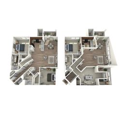 Modern 3D floor plan with two levels, showcasing spacious living areas, a stylish kitchen, and multiple cozy bedrooms.