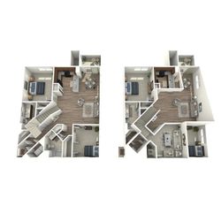 Modern 3D floor plan showcasing spacious two-level apartment with elegant living areas, open kitchen, and cozy bedrooms.