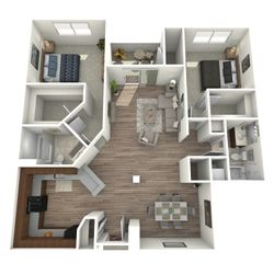 Inviting 3D floor plan showcasing two spacious bedrooms, elegant living room, modern kitchen, and cozy dining area with natural light, perfect for comfortable living.