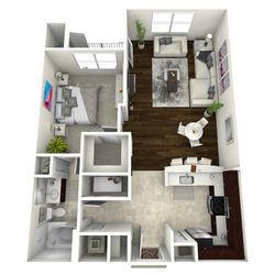 Modern 3D floor plan showcasing a spacious one-bedroom apartment with an open-concept living area, stylish kitchen, and cozy balcony access.