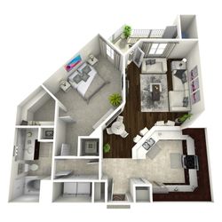 Modern 3D floor plan showcasing a spacious 1-bedroom apartment with elegant living area, gourmet kitchen, and stylish bathroom.