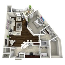 Chic 3D floor plan featuring a modern one-bedroom with spacious living area, open kitchen, luxurious bathroom, and a cozy balcony.