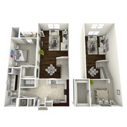 Chic 3D floor plan showcasing two-level apartment with 2 bedrooms, sleek kitchen, elegant living room, and a cozy staircase.