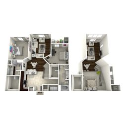 Modern 3D floor plan showcasing a spacious layout with three luxurious bedrooms, open-concept living and dining area, and a sleek kitchen. Perfect for comfortable living and entertaining.