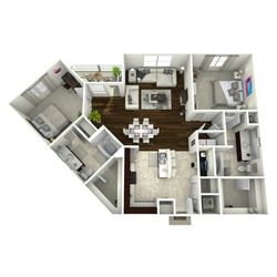 Chic 3D floor plan showcasing two spacious bedrooms, modern kitchen, cozy living room with fireplace, and two stylish bathrooms.