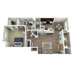 Elegant 3D floor plan showcasing a spacious one-bedroom apartment with modern kitchen, cozy living room, and charming dining area.