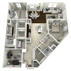 Spacious modern 3D floor plan featuring two elegant bedrooms, open kitchen, bright living room, and two luxurious bathrooms.