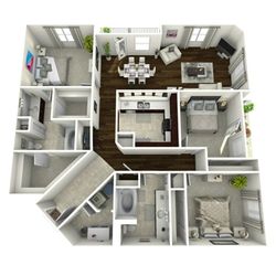 Modern floor plan showcasing three spacious bedrooms, a sleek kitchen, open dining area, and cozy living room. Ideal for comfortable living.