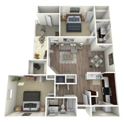 Modern open floor plan featuring 2 bedrooms, cozy living area, stylish kitchen, private balcony, and 2 elegant bathrooms.
