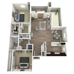 Modern 3D floor plan showcasing a chic open-concept living area, elegant kitchen, two cozy bedrooms, and inviting patio space.
