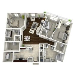 Modern 3D floor plan showing 3 bedrooms, a cozy living room, and a well-equipped kitchen with open dining area, elegantly designed for comfortable living.