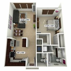 Chic 3D floor plan showcasing a modern apartment with a spacious bedroom, stylish open-plan living and dining area, and a well-equipped kitchen. Includes contemporary design elements and two bathrooms.