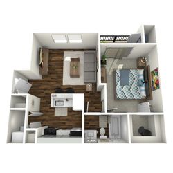 Contemporary 1-bedroom apartment floor plan featuring an open-concept living area, stylish kitchen with island, spacious bedroom, and modern bathroom.