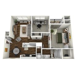 Chic 3D floor plan showcasing a modern one-bedroom apartment with a sleek kitchen, spacious living area, stylish office nook, and cozy balcony.