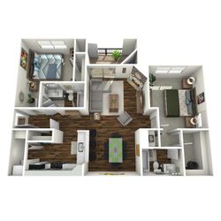 Modern 3D floor plan showcasing 2 spacious bedrooms, an elegant open-concept living area, and a stylish kitchen with bar seating.