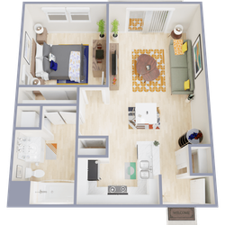 Charming 1-bedroom apartment floor plan showcasing a cozy living area, modern kitchen, and stylish bathroom.