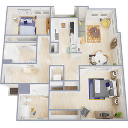 Inviting 3D floor plan featuring two spacious bedrooms, open-concept living and dining area, modern kitchen, and cozy bathroom layout.
